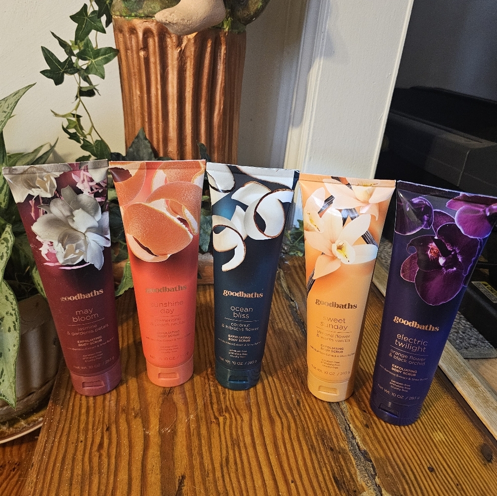 Exfoliating body scrubs. Orange, Red, Teal, Purple, Peach. Goodbaths.